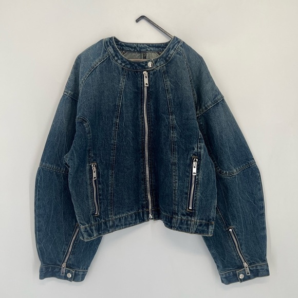 EB Denim Logan Denim Racer Moto Vintage Inspired Wide Tapered Sleeve Zip Jacket - Picture 1 of 9